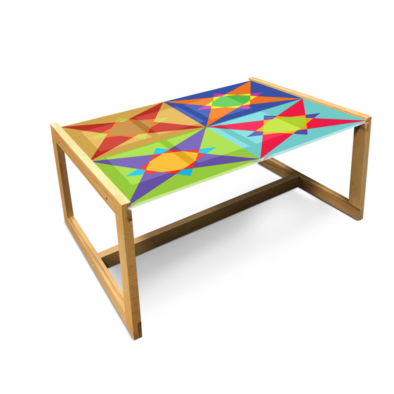 Modern Coffee Table, Colorful Design Of Quirky Shapes And Geometric Formation Circles And Triangles, Acrylic Glass Center Table With Wooden Frame For Offices Dorms Multicolor