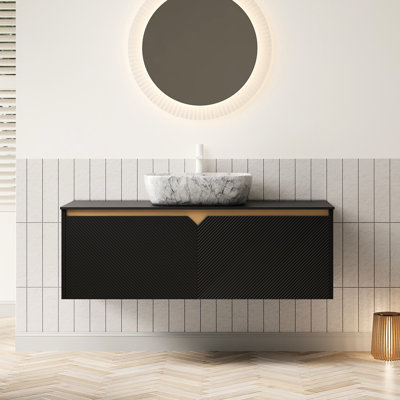 Meuble-lavabo flottant 48 po, comptoir en pierre frittée noire, lavabo en céramique à motif de marbre blanc, armoire en bois massif avec garniture en sergé, profondeur et évier de 48,88 po, armoires de rangement en contreplaqué,