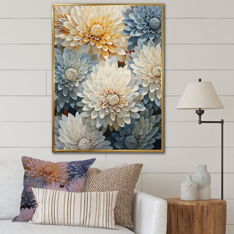 «Mums Blue and White Elegance», reproduction sur toile, Cadre flottant doré, H 44 po x l 34 po x P 1,5 po