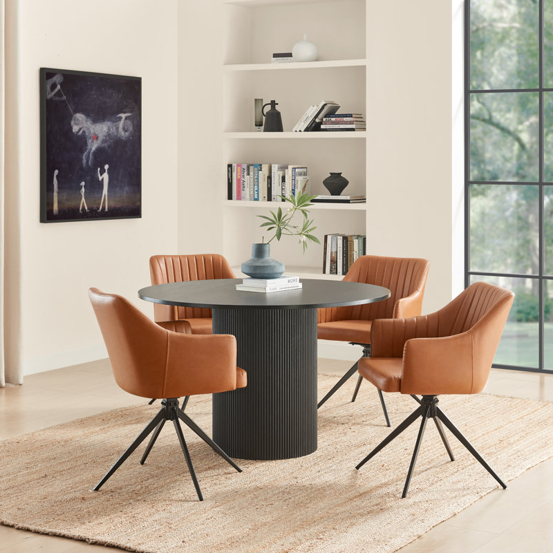 Penny Pillar Black Round Table With 4 Cleother Luxury Velvet Upholstered Swivel Dining Chairs, Tan