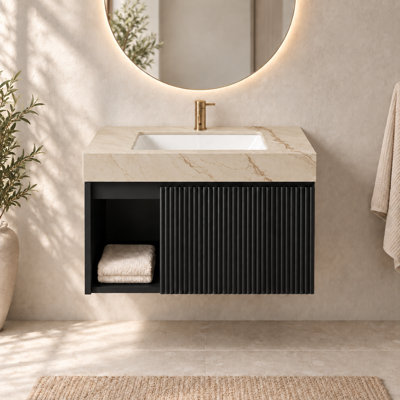 Meuble-lavabo mural de 76 cm (30 po) avec comptoir en pierre frittée gris Carrara et lavabo encastré en céramique, armoire flottante en contreplaqué avec porte cannelée et tablette ouverte, noir