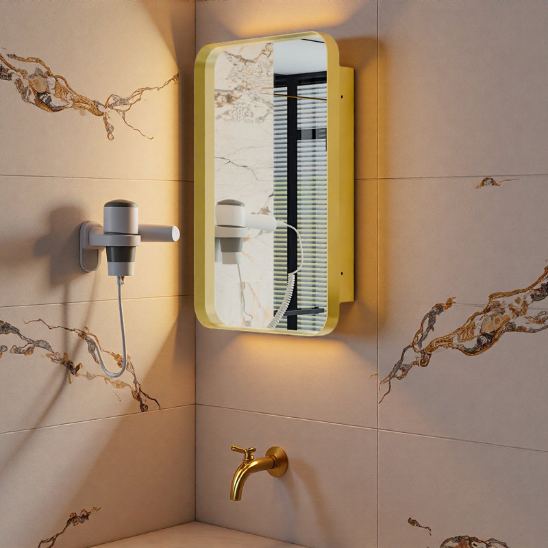 Pharmacie encastrée en métal avec miroir et tablettes réglables, Doré