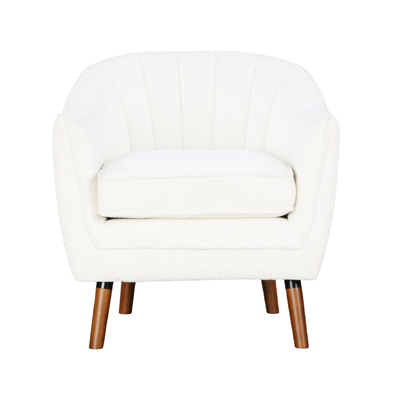 Chaise de style Mid-Century moderne, tissu chenille recouvert de blanc, bois massif avec pieds bruns, assise recouverte de chenille blanche de 22 po de profondeur