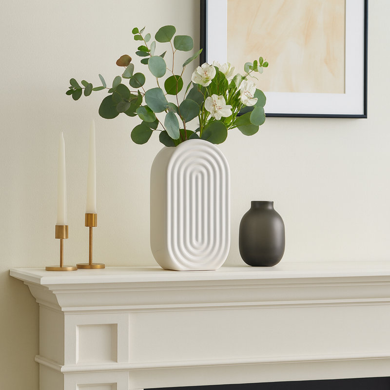 Decorative Textured Ceramic Table Vase for Living Room Accent - Modern Oval Flower Vase for Office Display and Home Decor