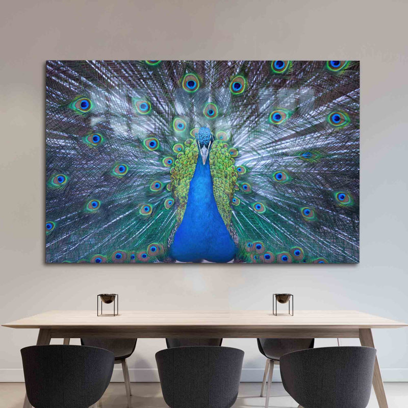 Art moderne en verre paon pour décoration murale de luxe en bleu | Rectangle, H 47,2 po x l 70,9 po