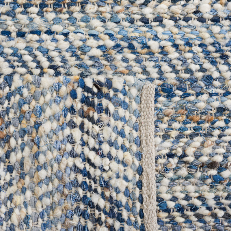 Tapis bleu / ivoire en laine et coton tissé à plat à la main Treece, Rectangle 6 pi x 9 pi