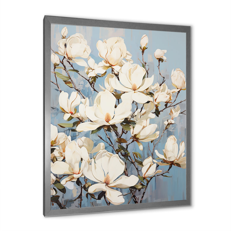 Magnolias en fleurs en blanc, Cadre simple argenté, H 32 po x l 16 po x P 1 po