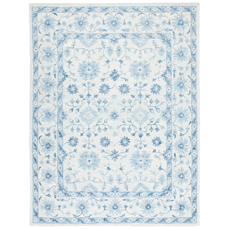 Lethe Oriental Handmade Tufted Wool Blue/Ivory Area Rug, Rectangle 9' x 12'