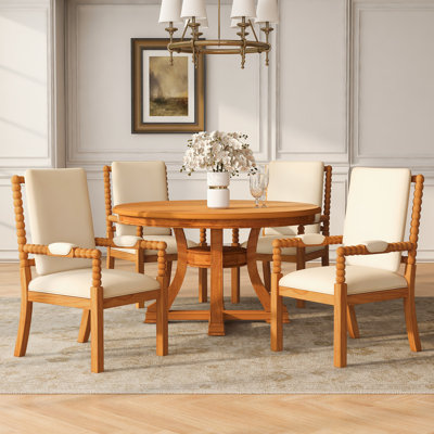 5-Piece Retro Functional Dining Table Set Extendable Table and Upholstered Chairs for Dining Room and Living Room