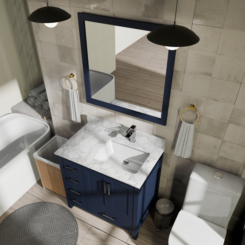 Ensemble de meuble-lavabo simple décalé à droite 36 po x P 22 po et miroir 34 po, Marine