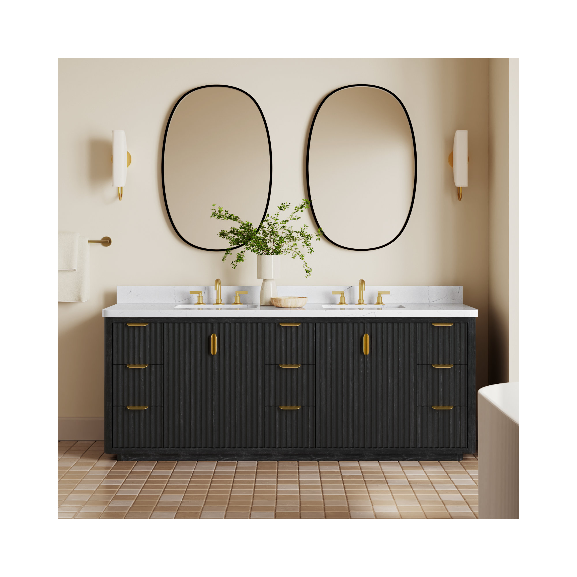 Adela 84'' Double Bathroom Vanity, Black, White, Gold