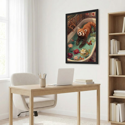 Toile noire encadrée en bois noir pour salon, chambre à coucher, bureau ou vestibule - décoration murale décorative avec panda rouge