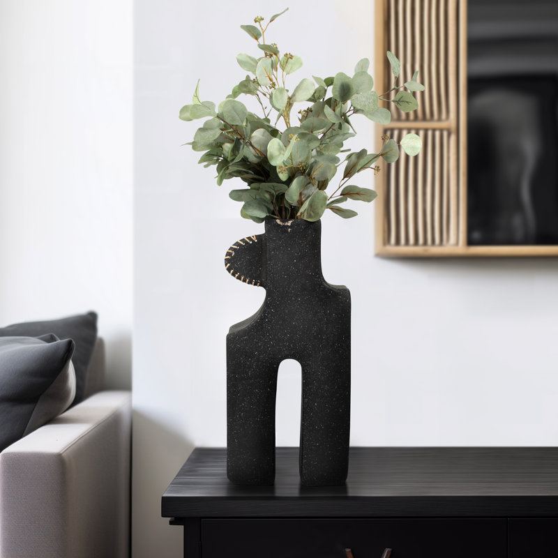 Abstract Sculptural Pottery Ecomix Flower Vase for Reading Nook - Decorative Accent with Tall Table Form and Woven Cane Detail for Entryway Styling - Black