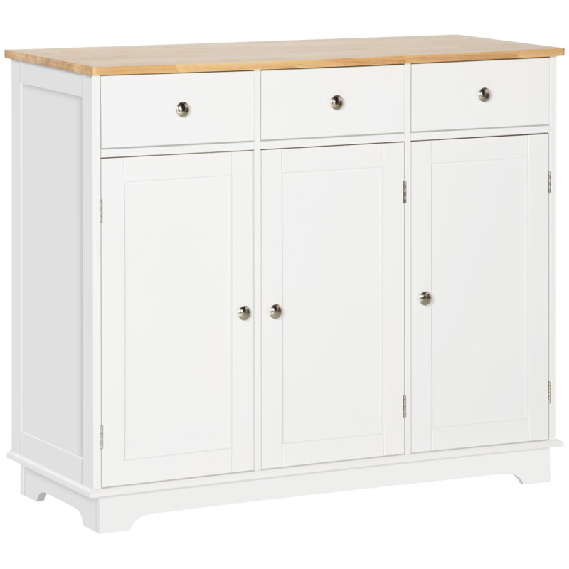 HOMCOM Sideboard With Solid Wood Countertop, Modern Kitchen Storage Cabinet, Coffee Bar Cabinet With 3 Drawers, Doors And Adjustable Shelf, White