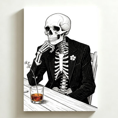 Tableau sur toile pour l'Halloween (50 x 75 cm) : squelette en costume à fines rayures, main sur le menton, verre de liquide ambré. Impression sur toile avec dessin réaliste à l'encre. Décoration murale moderne pour chambre, salon et bureau.