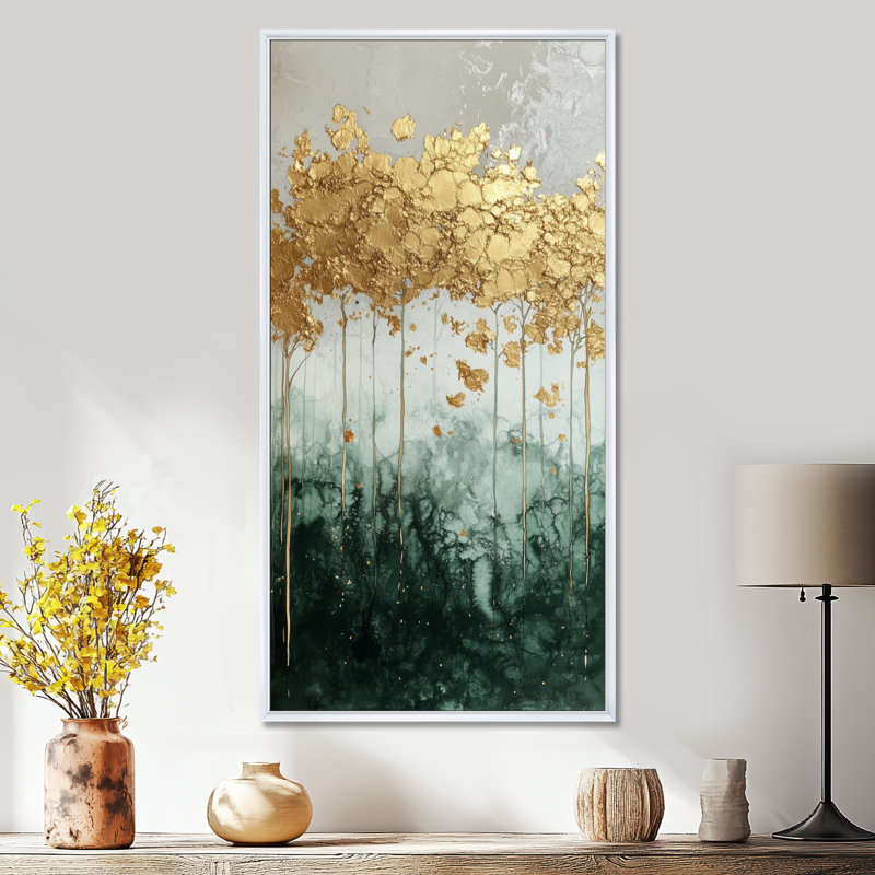 «Gold Green Elegant Gold Forest Line III», art mural encadré paysage, impressions sur toile rustiques, H 20 po x l 12 po