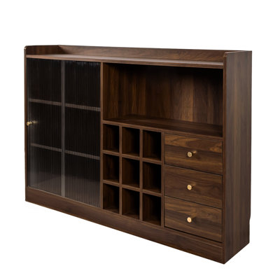 Stylish And User - Storage Sideboard, 2 Sliding Glass Doors, Organizing Bottles, Other Items, Double As Bookshelf, Walnut Tone, Particle Board + Space Utilizing Two Ample Storage, Various Wine Bar,