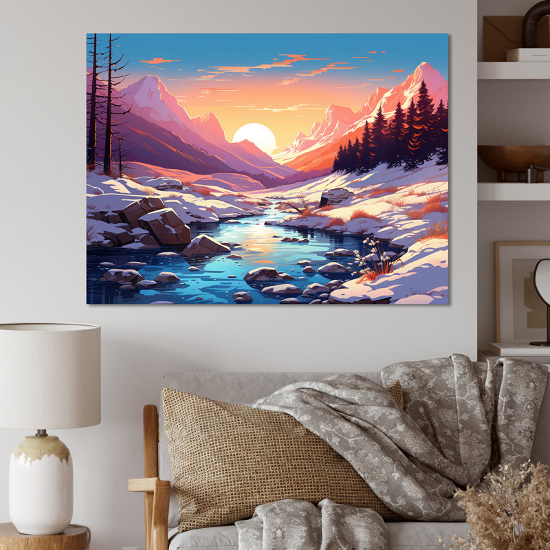 «Winter Mountain Pond Sunset Serenity - Winter Mountains», art mural, Toile tendue, H 34 po x l 44 po x P 1,5 po
