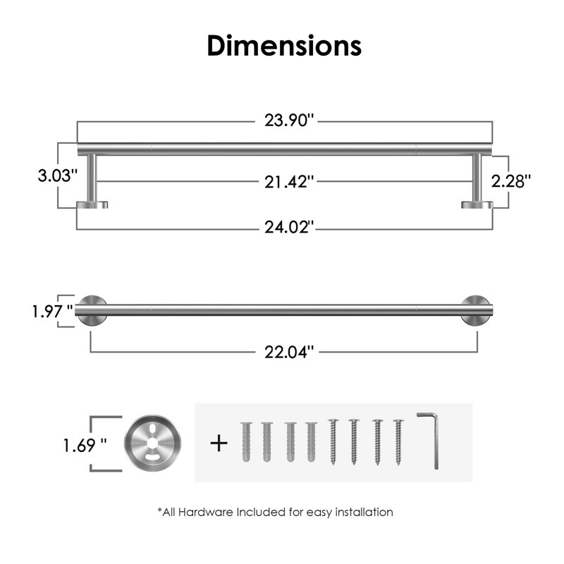 24'' Wall Mounted Towel Bar With Installation Hardware, Brushed Nickel