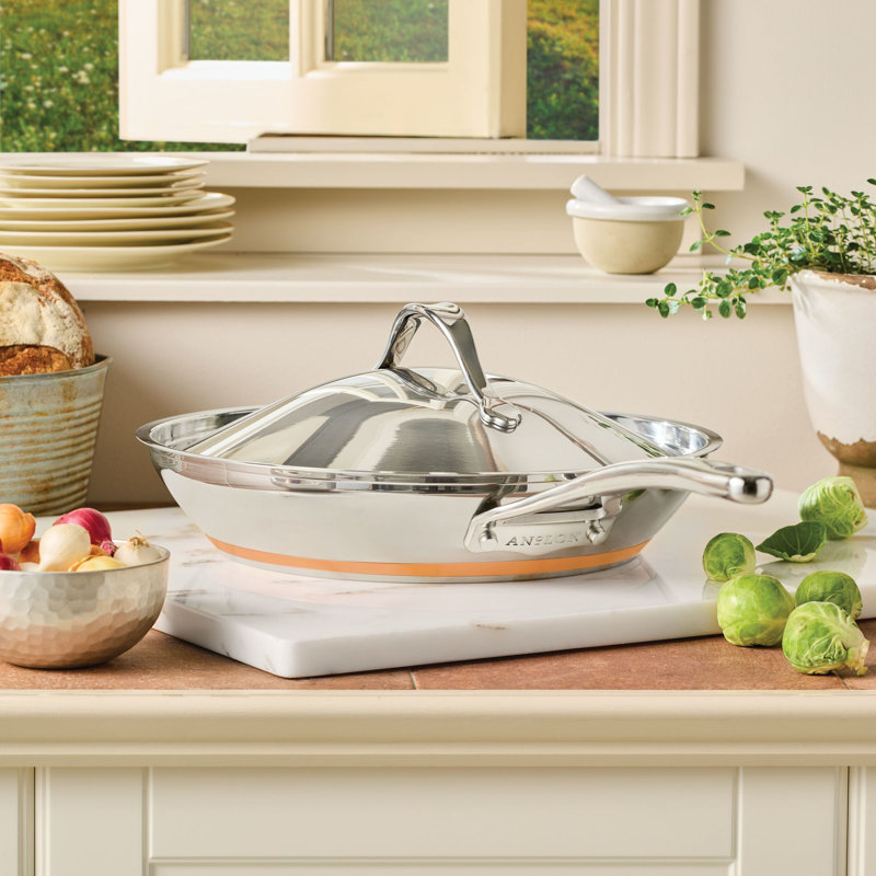 Anolon Nouvelle Copper Stainless Steel Induction Frying Pan / Skillet with Lid, 12 Inch, Silver