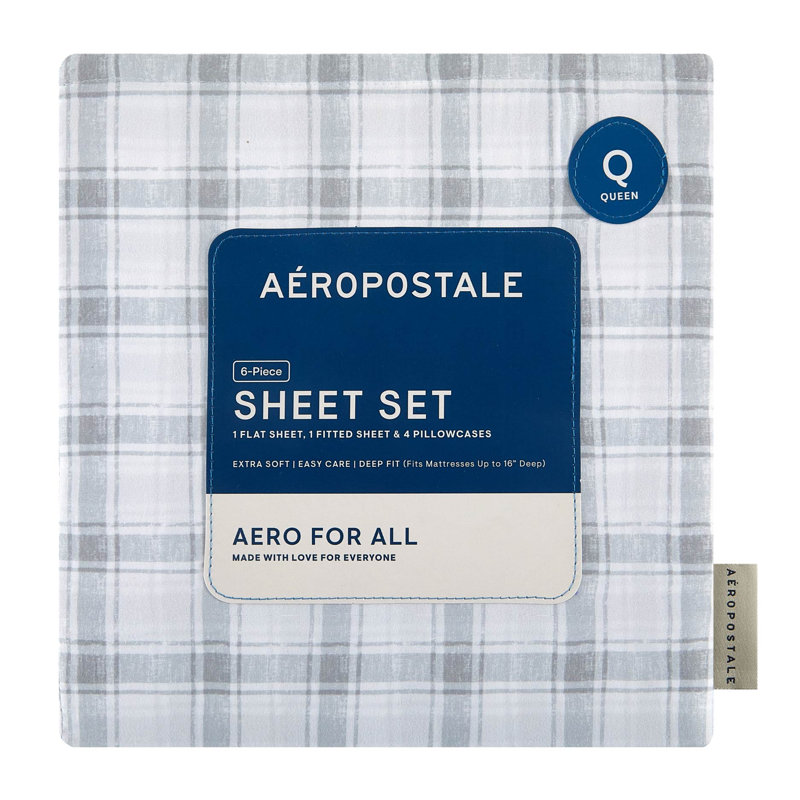 Aeropostale 6 Piece Premium All Season Microfiber Sheet Set, 4 Pillow Cases, 1 Fitted Sheet, 1 Flat Sheet, Fits Mattresses up to 16” Deep, Queen Size, Grey Plaid