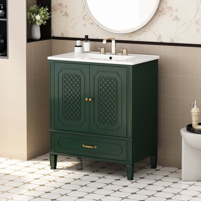 Meuble-lavabo 30 po avec lavabo style rétro, espace de rangement multifonctionnel, tablette de porte, porte à fermeture en douceur