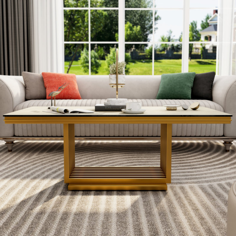 Table basse rectangulaire en verre argenté pour le salon, Plateau beige / base dorée