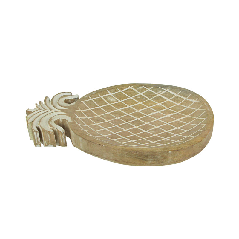 Font tropical rustic hand carved natural brown wood pineapple serving tray with white painted accents — 11.75 x 7.75 x 1.5 inches