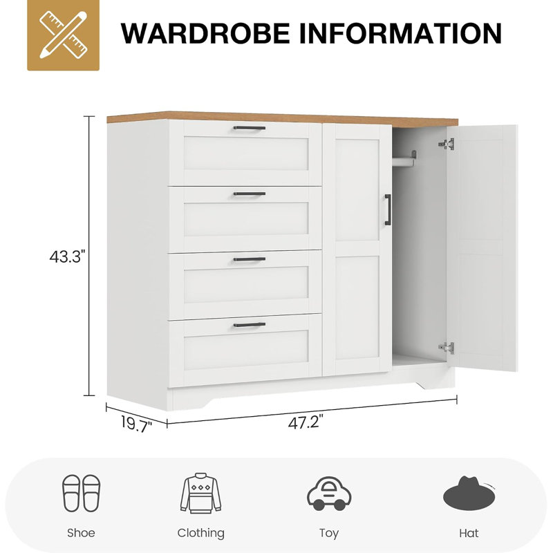 Armoire-penderie 43,3 "avec 4 tiroirs, armoire de chambre en bois