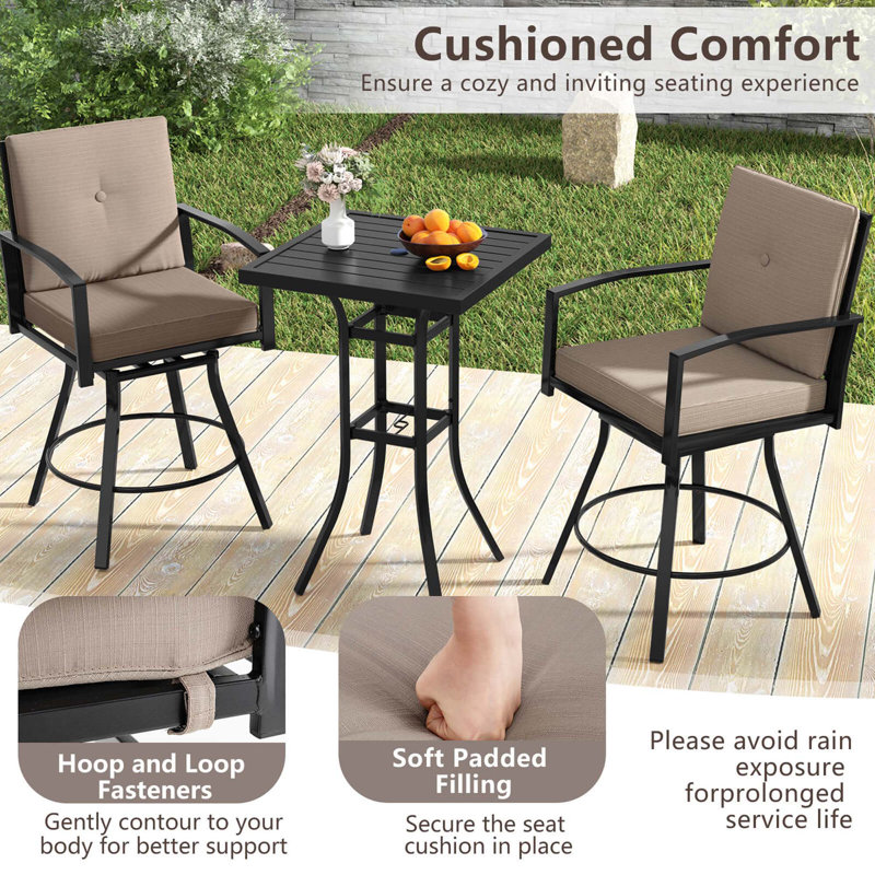 3 Pcs Patio Swivel Bar Set Table And Chairs Set With Soft Cushions & Umbrella Hole