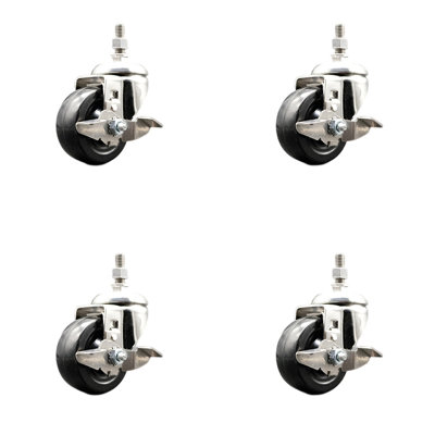 316SS Hard Rubber Wheel Swivel Threaded Stem Caster Set Brake