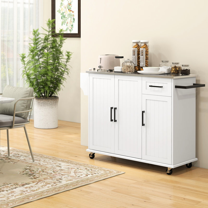 Poste de travail portatif avec îlot de cuisine avec tiroir - blanc, comptoir en acier inoxydable, 3 armoires, étagère à épices, support à serviettes, îlot roulant blanc, surface, tiroir et pour le travail productif