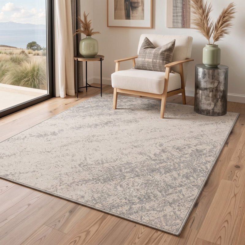 Tapis abstrait gris / ivoire lavable à la machine avec envers antidérapant, Rond 5 pi