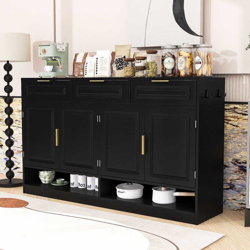 Buffet Farmhouse avec 3 tiroirs, tablettes réglables et rangement ouvert, Noir