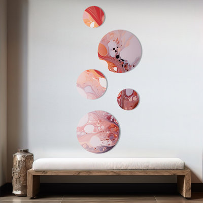 Pink Abstract Liquid Ink Galaxies III - Liquid Ink Abstract Round Wall Art Set Of 5