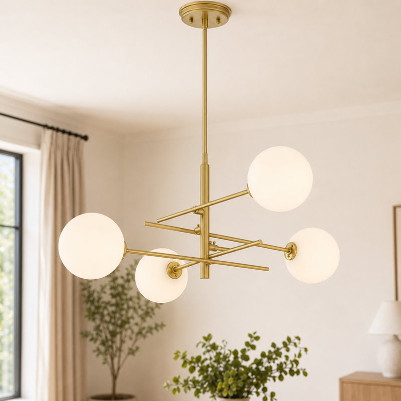 Bolten 4 - Light Steel Dimmable dining room gold chandelier, Brass Glitter/Opal, White