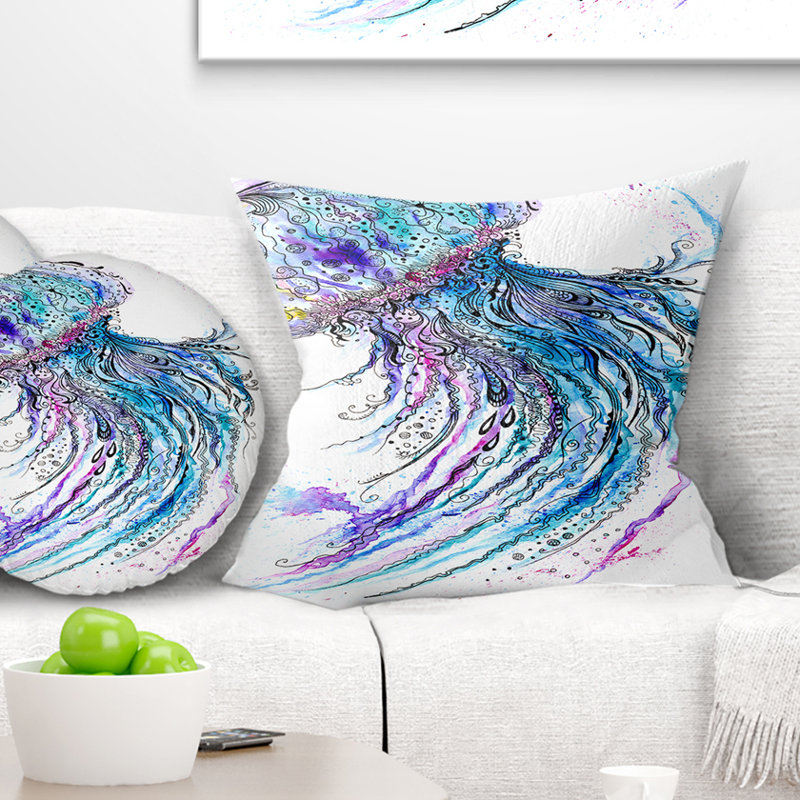 Jelly Fish Watercolor - coussin imprimé animal, 16 po x 1 po, Coussin décoratif
