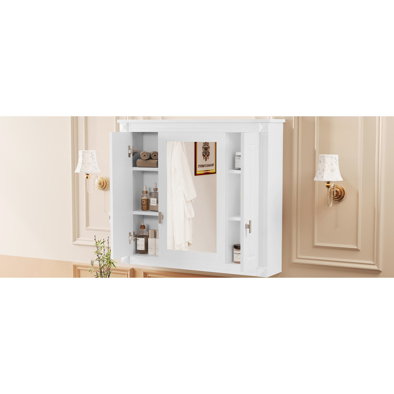 Armoire murale de salle de bain avec 4 tablettes, blanc, miroir de rangement, fixation moderne, Blanc