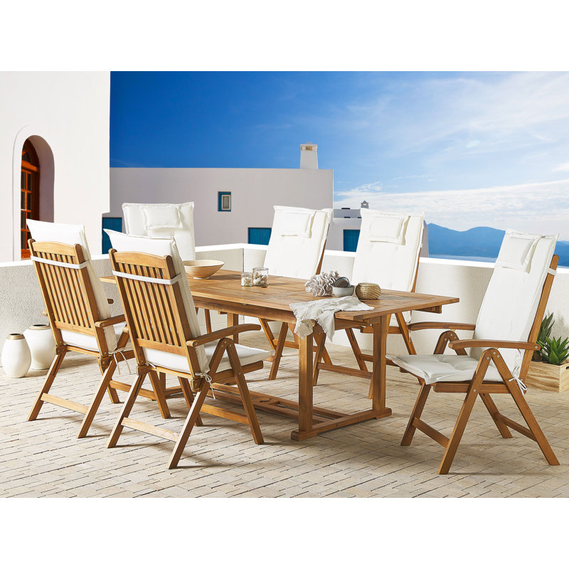 Boothe 6 - Person Acacia Wood Patio Dining Set with Rectangular Table , Cushions Included, Off-White