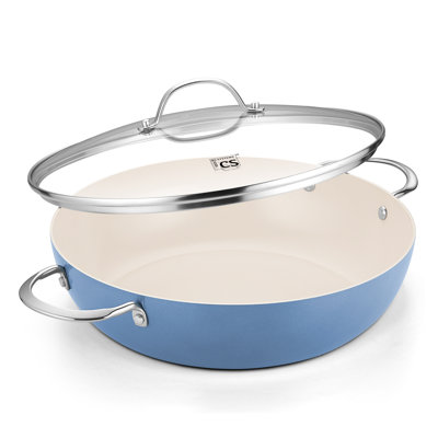 CS KOCHSYSTEME 12 Inch Nonstick Deep Frying Pan, 6 qt Ceramic Saute Pan with Lid, Healthy Large Skillet, Cookware for All Stove, Induction Compatible, Blue