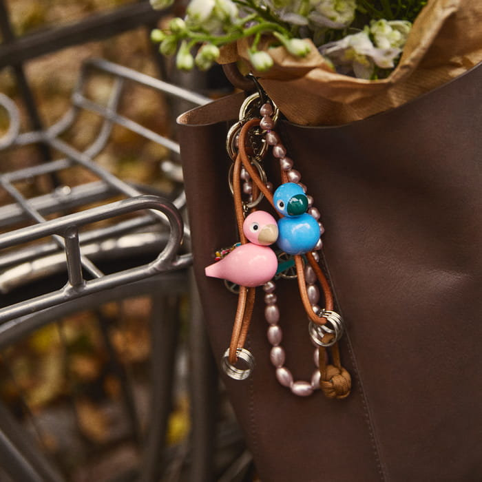 Bird Silver Metal Keychain with Natural Leather, Blue