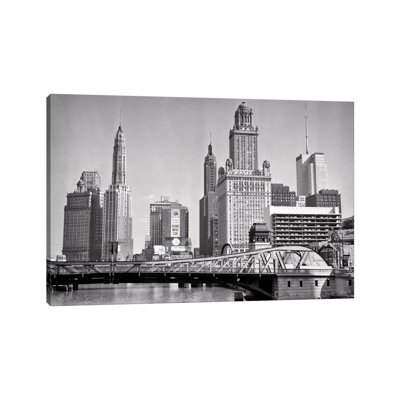 " 1950s Skyline of Michigan Avenue Buildings and Chicago River Lift Bridge Chicago Illinois USA " Black and White Photography
