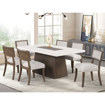 Ensemble de salle à manger rectangulaire avec plateau en faux marbre et noyer foncé