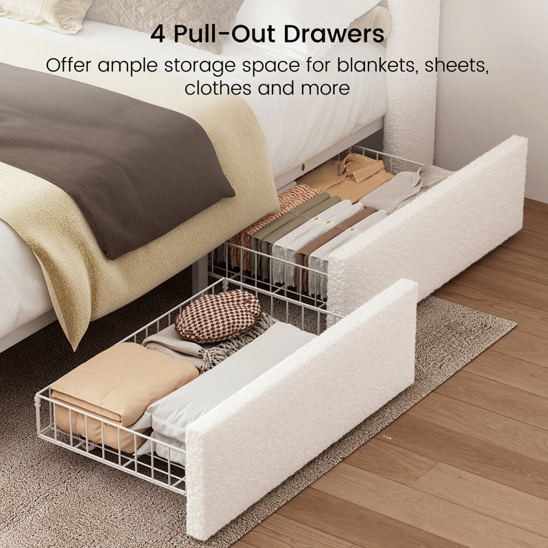 Upholstered Bed With Storage Headboard, Queen Platform Bed Frame With Storage Drawers&led, White, Queen