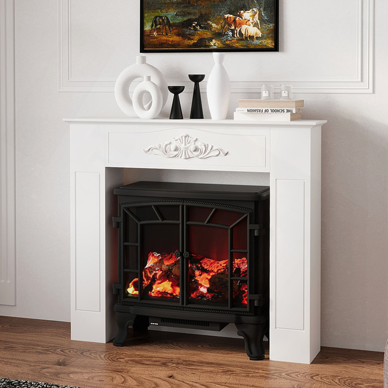 Cadre de cheminée en bois de sapin, l 44,75 po x H 40 po, manteau de cheminée électrique autoportant, blanc vieilli