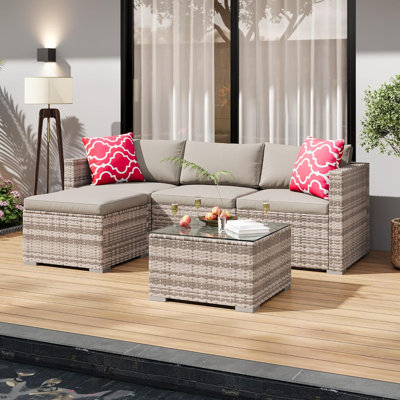 Ensemble de mobilier d'extérieur pour patio, ensemble de conversation en rotin 5 pièces avec table basse en verre et coussin, canapé d'extérieur pour jardin, bord de piscine, cour