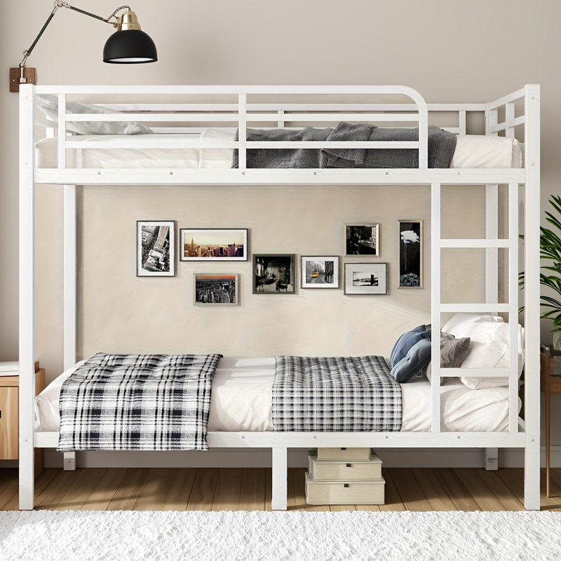 Lit superposé double en métal pour les adolescents et les adultes, structure peu encombrante, réducteur de bruit, sans sommier, avec rangement sous le lit, blanc