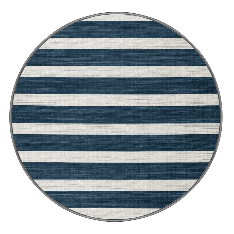 Machine Washable Horizontal Stripes Gray Area Rug, Round 5'
