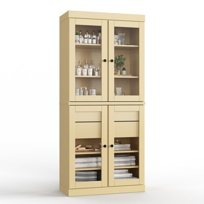 32" W x 71.5" H 100% Solid Wood Freestanding Bathroom Storage Cabinet with Clear Glass Doors, 2 Drawers & Adjustable Shelves – Modern Bathroom Organizer