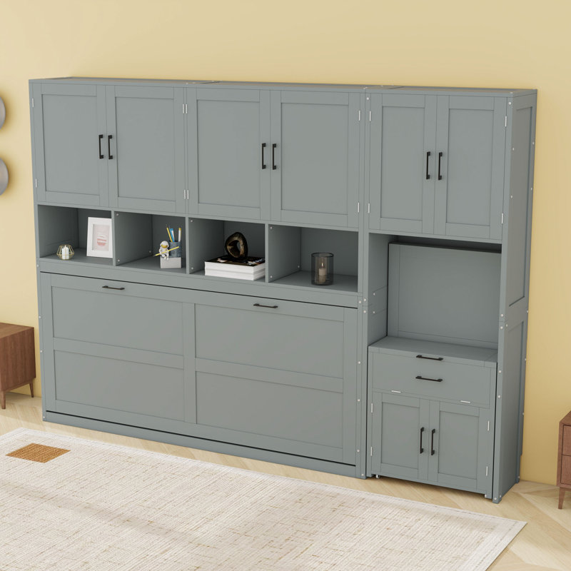 Lit escamotable simple en bois avec tablettes, armoire et bureau, gris